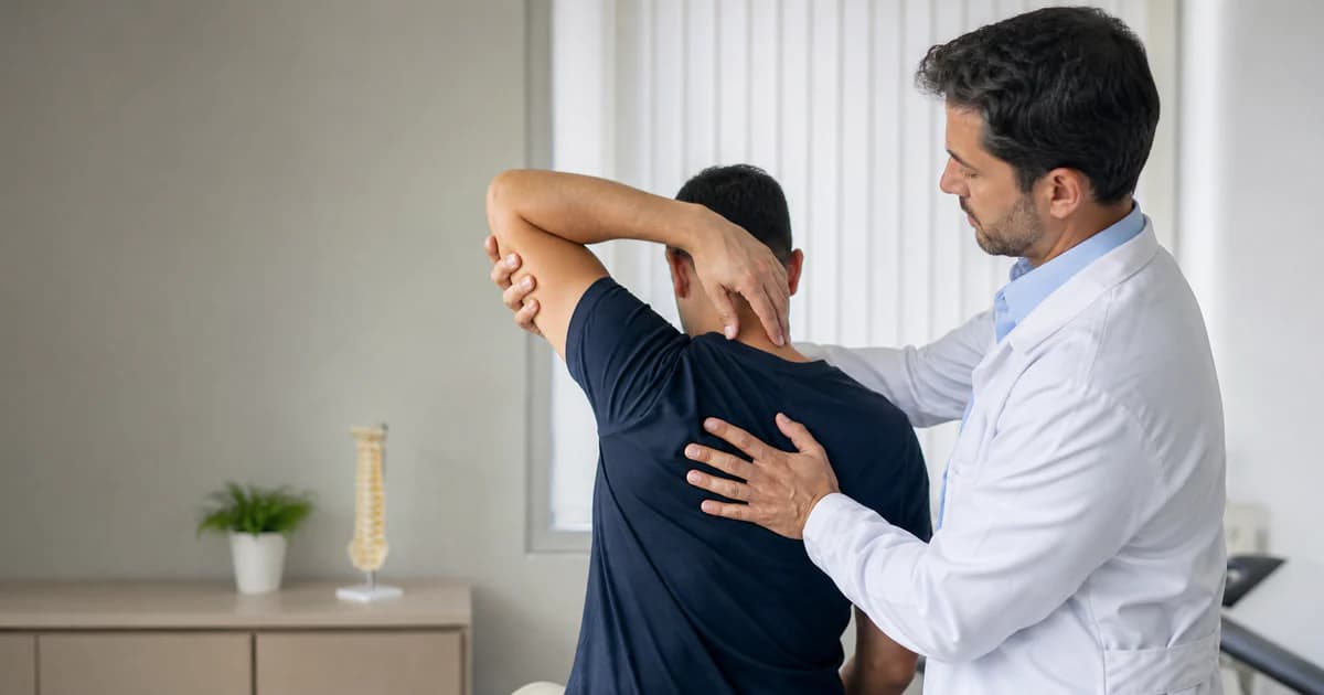 Perito médico realizando avaliação funcional em consultório
