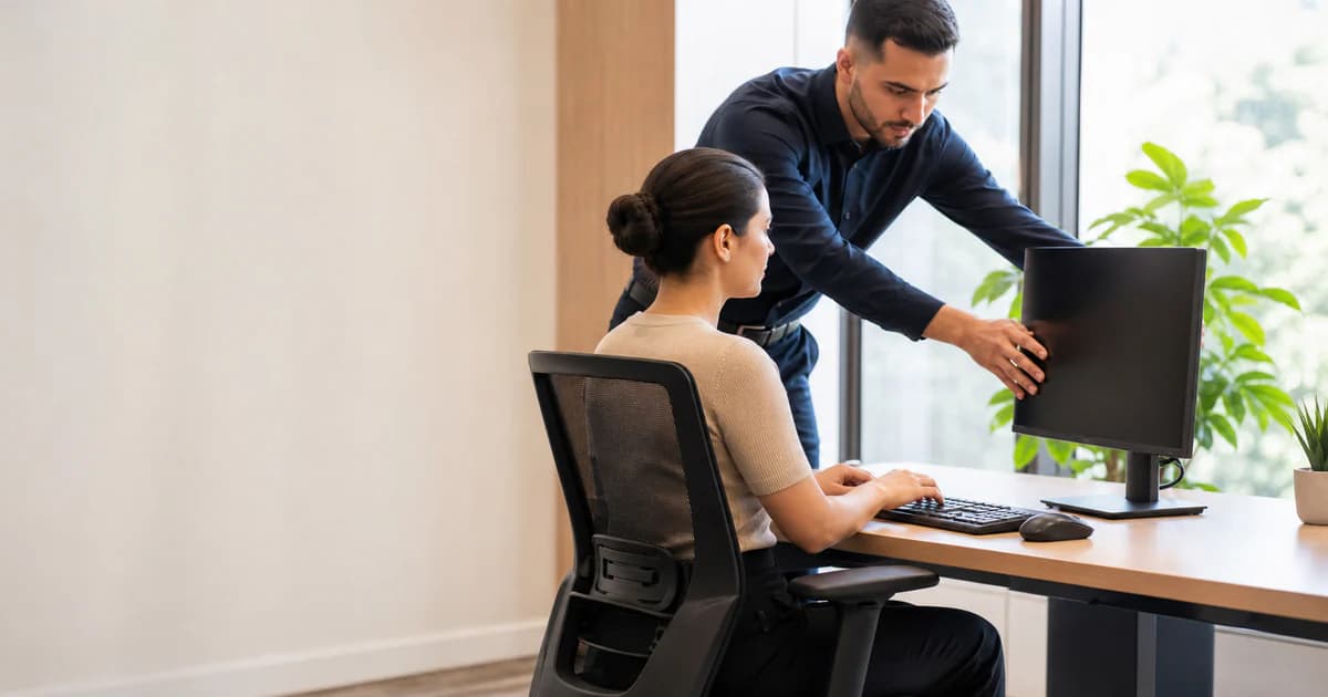Ergonomista ajustando posto de trabalho para prevenir lesões
