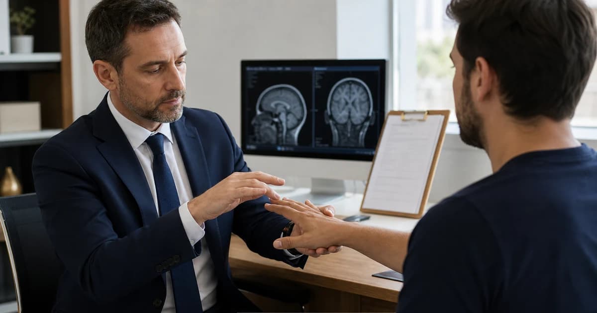 Médico analisando exame neurológico e documentos para uma perícia