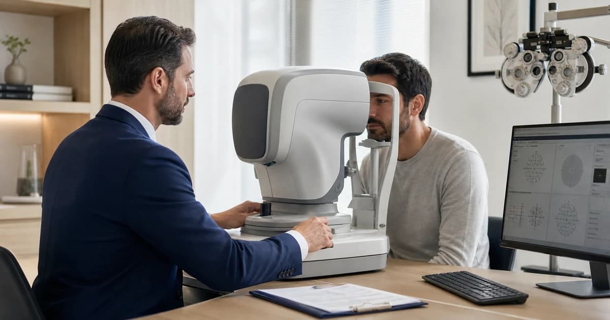 Avaliação oftalmológica com tabela de acuidade visual em contexto pericial