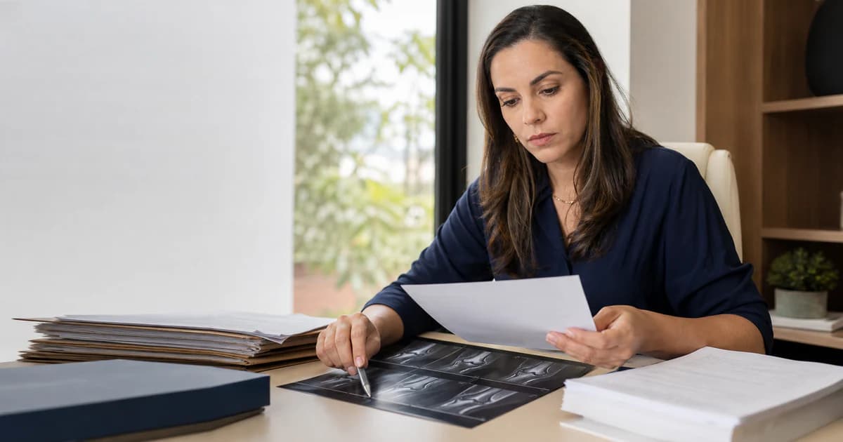 Médico assistente técnico analisando laudo e exames