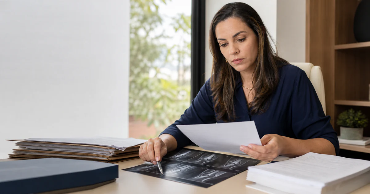 Médico assistente técnico analisando laudo e exames