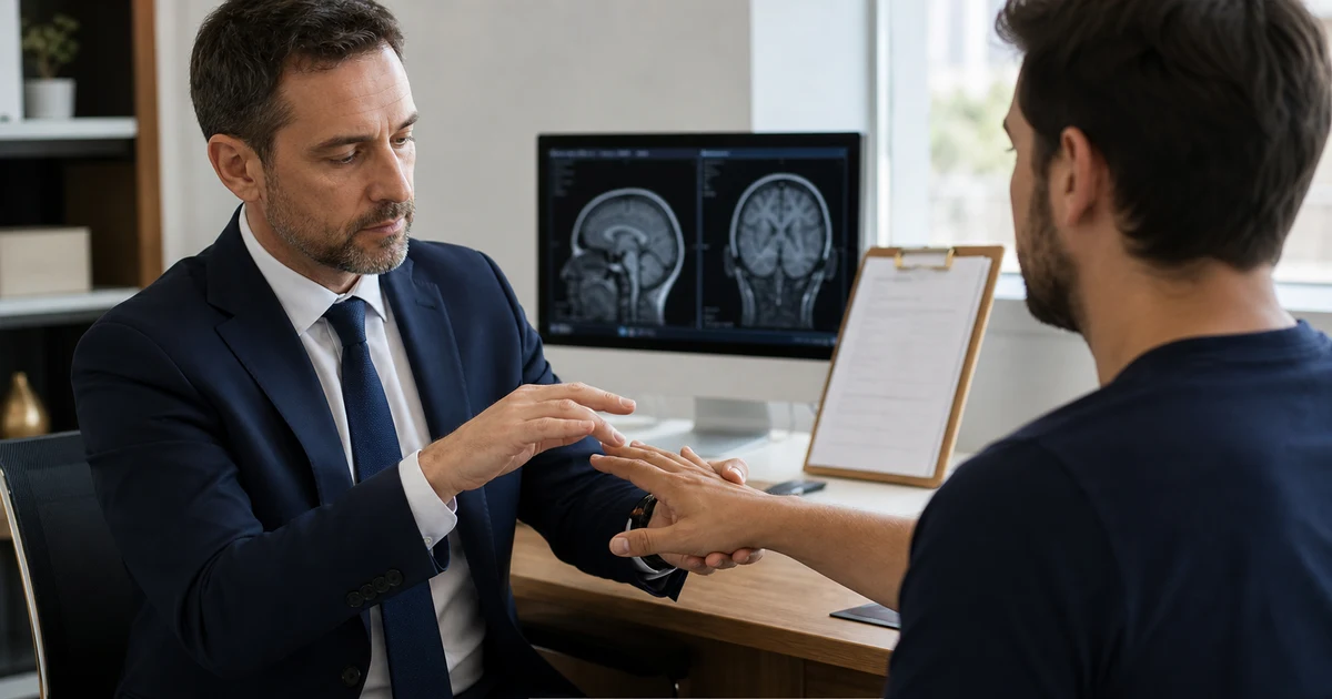 Médico analisando exame neurológico e documentos para uma perícia